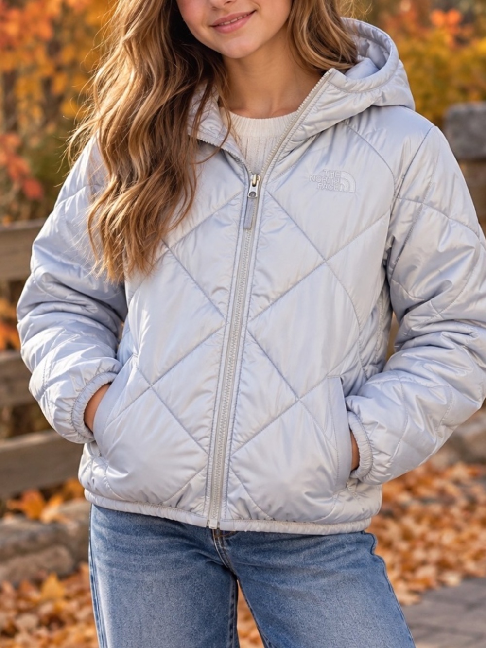 The North Face Hooded Puffer Jacket Kids Size 12 Light Gray Winter Fall